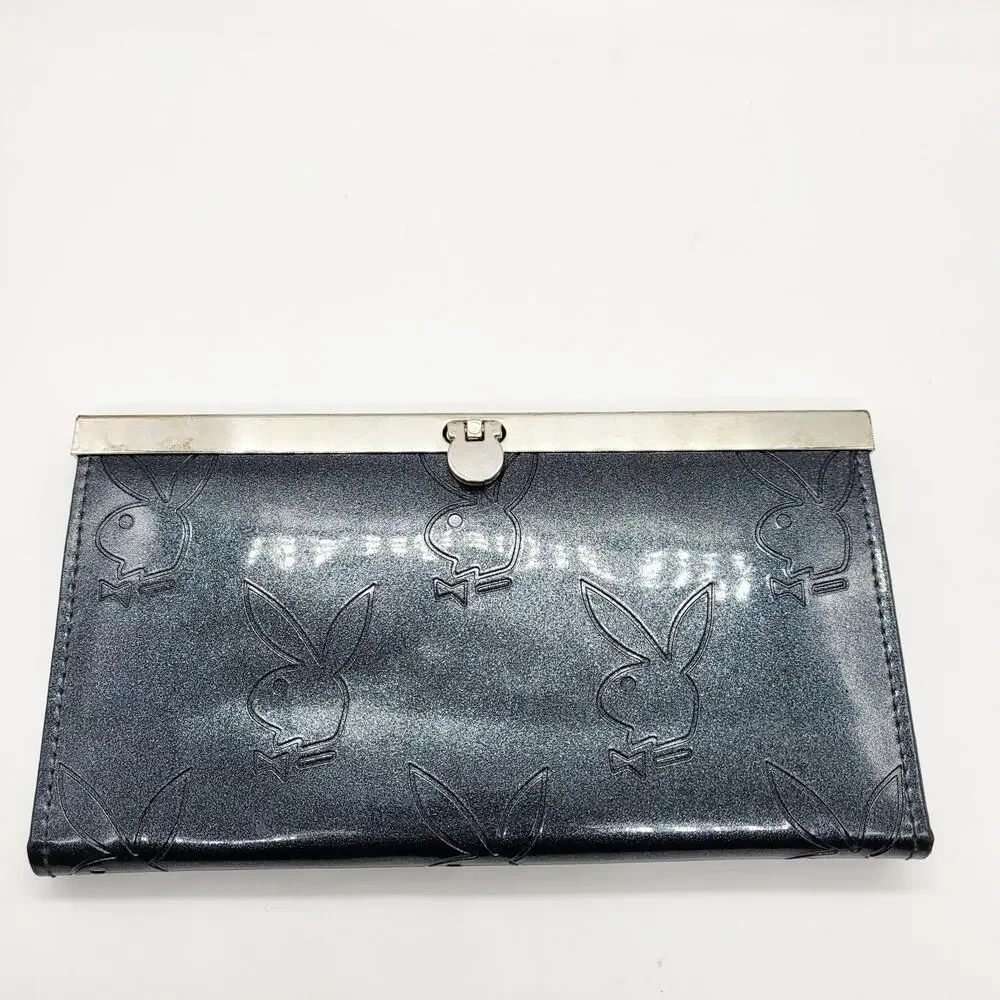 Y2K Playboy Sparkly Charcoal Grey Embossed Signature Bunny Logo Large Wallet